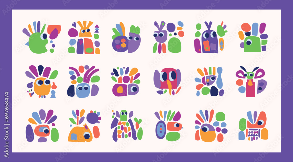 Simple creature and leaf illustration collection in bold style for kids fun graphic design. Whimsical colorful vector drawing in happy folklore style set of motifs. Simple creature and leaf illustration collection in bold style for kids fun graphic design. Whimsical colorful vector drawing in happy folklore style set of motifs.