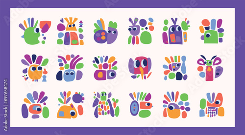 Simple creature and leaf illustration collection in bold style for kids fun graphic design. Whimsical colorful vector drawing in happy folklore style set of motifs. 