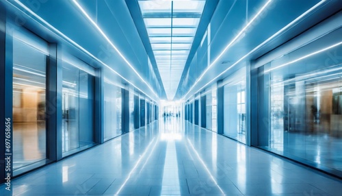 beautiful light blue blurred background panoramic image of a spacious office or mall hallway