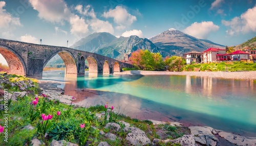 stunning spring view of old mes bridge gorgeous morning landscape of shkoder colorful outdoor scene of albania europe traveling concept background