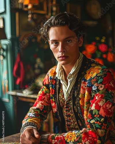 smart man in retro colorfull flower fabric textile cardigans and clothing bring eccentric and expressive elements for the ages to their wardrobes.