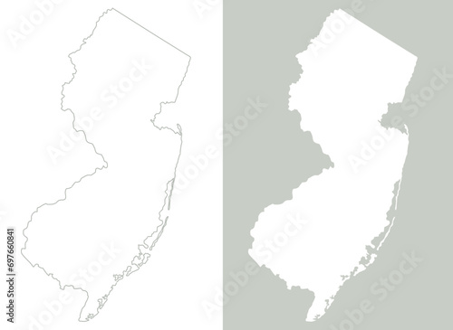 State of New Jersey, outline and filled with background options; includes peninsula and island detail