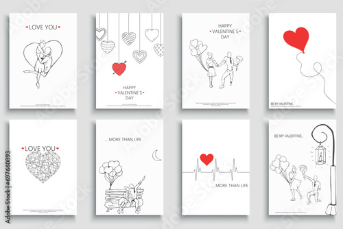 Set of holiday greeting postcards, posters, invitation, tags for Valentine's day. Stylish covers, templates, placards, brochures, banners, flyers - 14 February. Creative romantic art hand drawn design