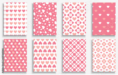 Set of holiday greeting postcards, posters, invitation with cute hearts print. Stylish covers, templates, placards, brochures, banners, flyers - 14 February romantic patterns for Valentine day