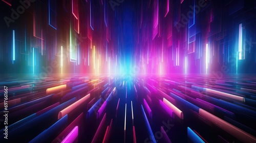 hypnotic illuminated box composition, hypnotic composition with 3d illuminated boxes in space colorful lights neon cubes on black photo