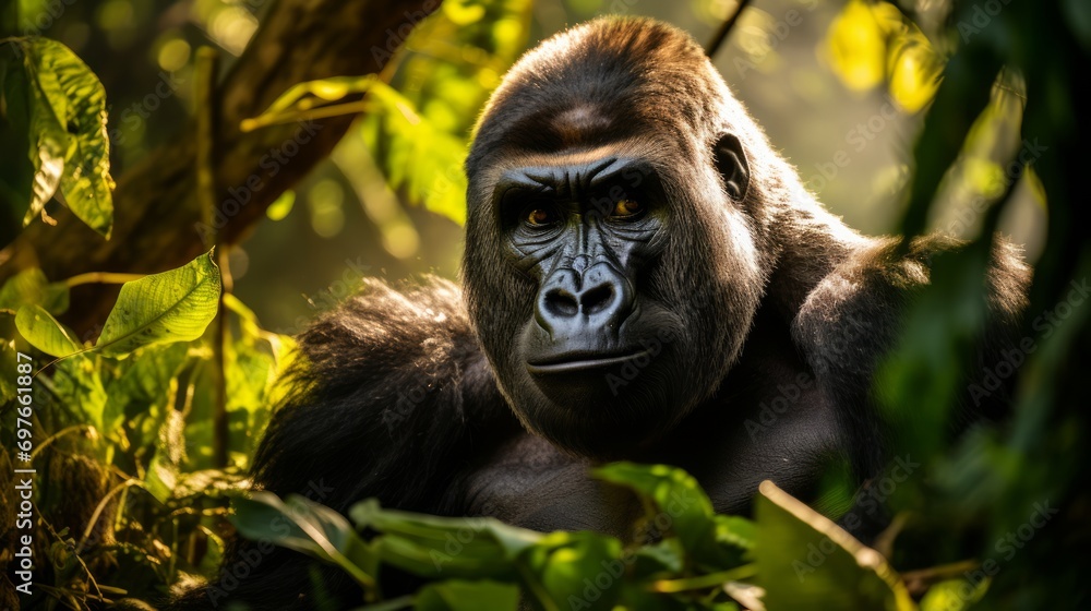 A silverback mountain gorilla in a rainforest. Neural network AI generated art A silverback mountain gorilla in a rainforest. Neural network AI generated art
