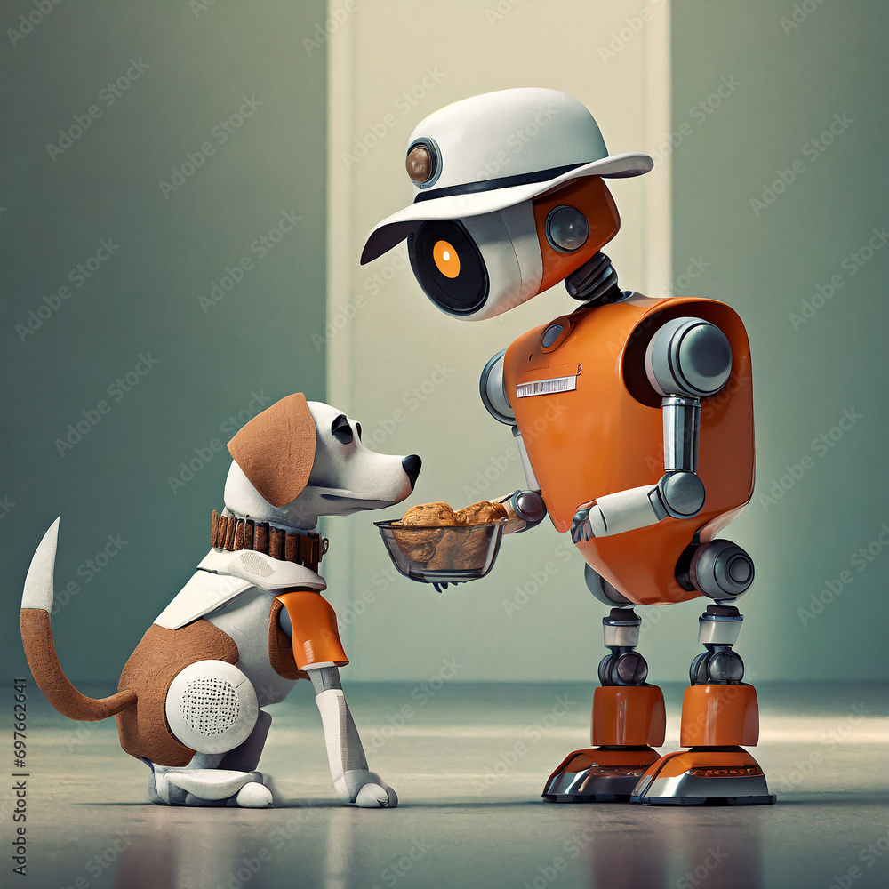 Naklejka premium cute little orange futuristic vintage robots - feed the dog