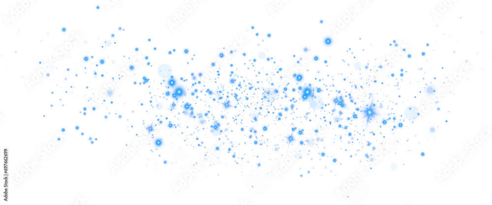 Christmas background. Powder dust light PNG. Magic shining blue dust. Fine, shiny dust bokeh particles fall off lightly. Fantastic shimmer effect. PNG.