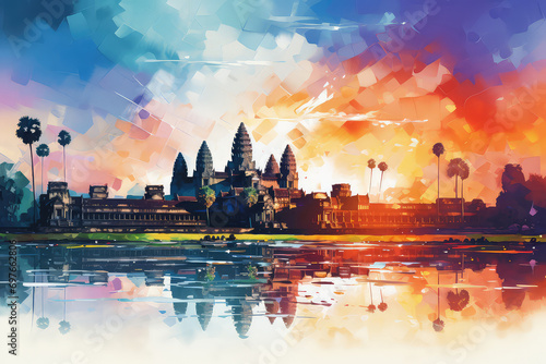 Angkor Wat Temple, Cambodia, Southeast Asia. Watercolor painting landscape colorful of architecture, section natural tourism travel in beautiful season and sky background. Hand drawn illustration.