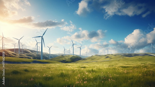 Panoramic view of wind farm or wind park, with high wind turbines for generation electricity photo
