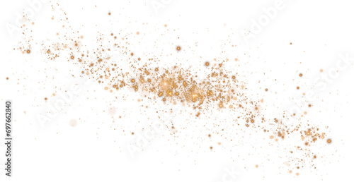 Christmas background. Powder dust light PNG. Magic shining golden dust. Fine, shiny dust bokeh particles fall off lightly. Fantastic shimmer effect. PNG.