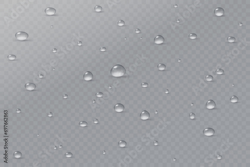 Realistic vector water drops png on a transparent light background. Water condensation on the surface with light reflection and realistic shadow. 3d vector illustration