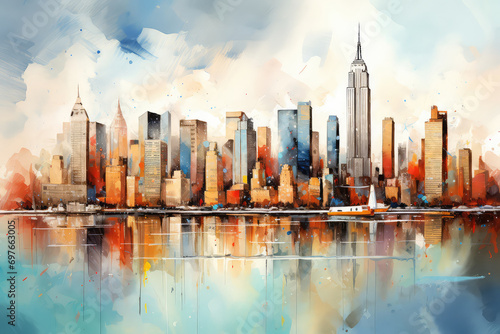 oil painting on canvas, Landmarks of New York City, USA.