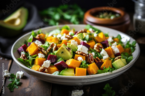 Healthy Butternut squash salad with beetroot, avocado, walnut and feta cheese in gray bowl