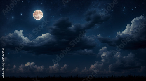 Night landscape with a cloudy sky illuminated by the full moon and stars.