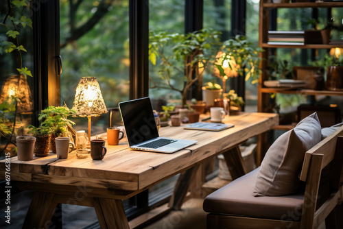 A cozy and stylish home office setup with a laptop on a wooden desk, surrounded by plants and warm lighting. photo