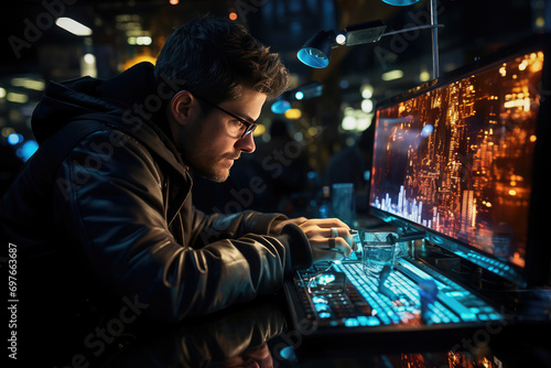 Young man working on a laptop with glowing city reflections, showcasing a modern tech-savvy professional in an urban setting.