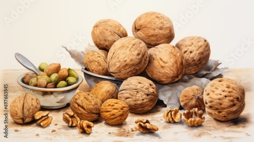 Rustic still life of dried fruits, roasted almonds in wooden bowl. Neural network AI generated art