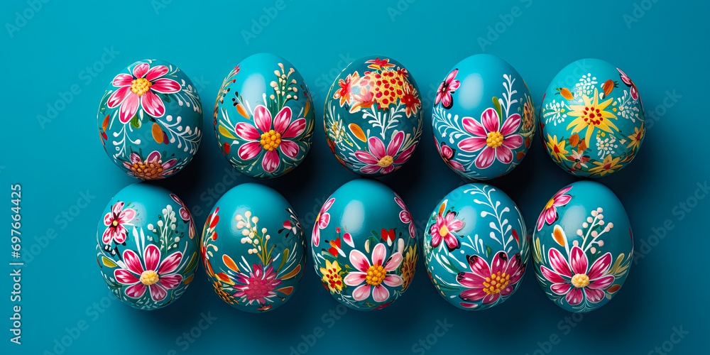 Bright colorful Easter eggs on blue background close up. Easter stylish minimal composition.