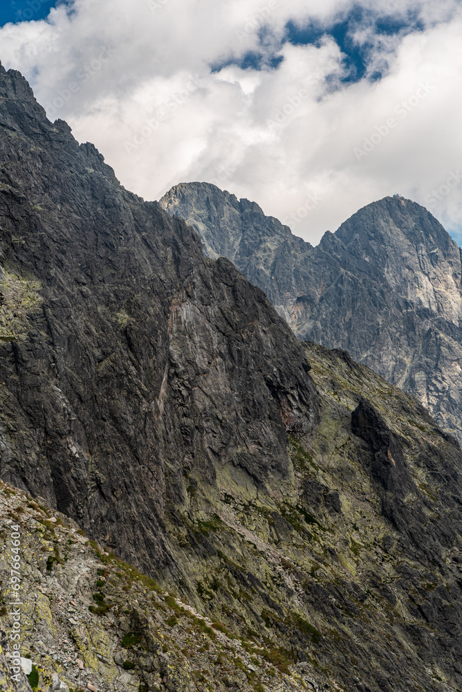 Pysny stit and Lomnicky stit mountain peaks from Sedielkou mountain pass in High Tatras mountains in Slovakia