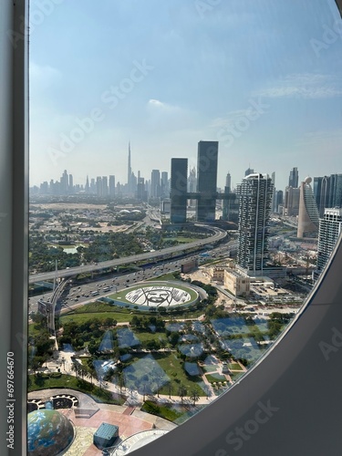 Dubai city areal view background. Aerial view of Dubai Downtown skyline  highway roads or street in United Arab Emirates - UAE. 