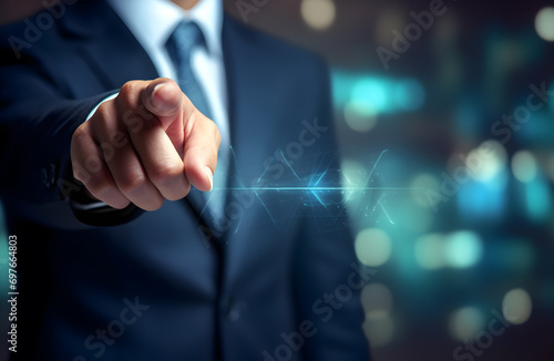 Businessman on blurred background pressing with finger. Boss or businessman pointing. Concept of choosing, selecting, pressing, pointing. Technology and business.