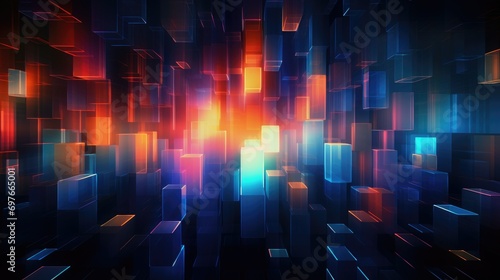 dynamic illuminated box pattern, dynamic pattern with 3d illuminated boxes in space, colorful lights neon cubes on black photo