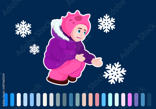 Children play different winter games. Boy and girl build snowman. Set of various kids in warm clothes.