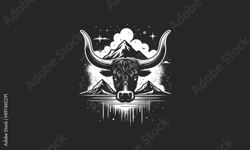 head cow long horn on mountain vector flat design