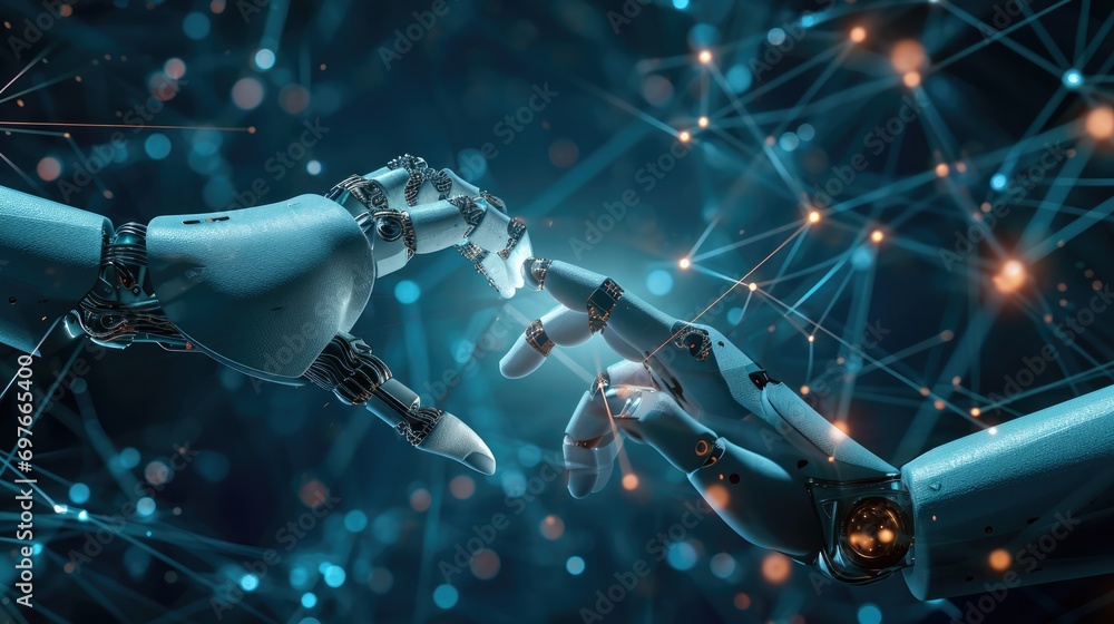 Hands of robot touching big data of global network connection. Science and artificial intelligence digital technologies of futuristic. Hands of robot touching big data of global network connection. Science and artificial intelligence digital technologies of futuristic.