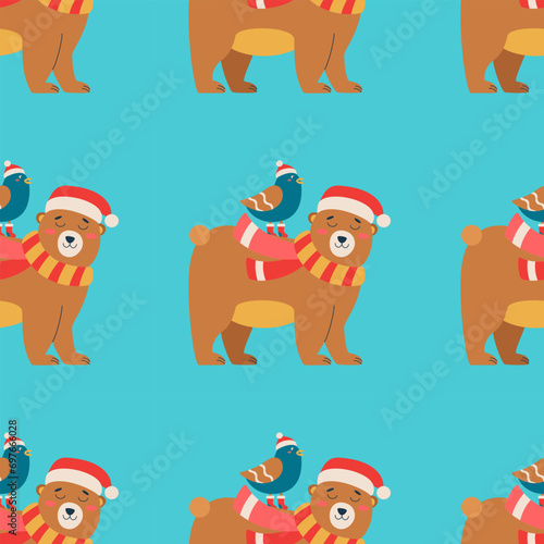 Christmas pattern with bear with a red hat and scarf, bird. © Inna
