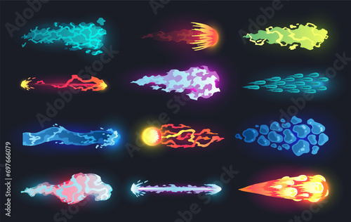 Cartoon laser gun beam. Alien combat weapon rays. Futuristic shot effect. Destructive plasma flow. Bomb blaster attack explosion. Vector game element