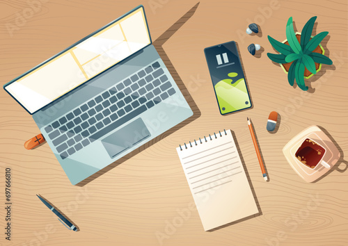 Top view of workspace with computer, stationery, coffee cup and plant on wooden table. Vector cartoon flat lay of workplace with monitor, keyboard, mobile phone, note book and headphones on desk