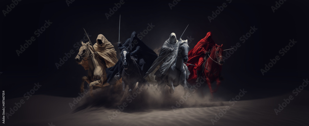 Four Horsemen of the Apocalypse - white for conquest, red for war, black for pestilence or famine, and pale for death - black background - desert landscape - obrazy, fototapety, plakaty 