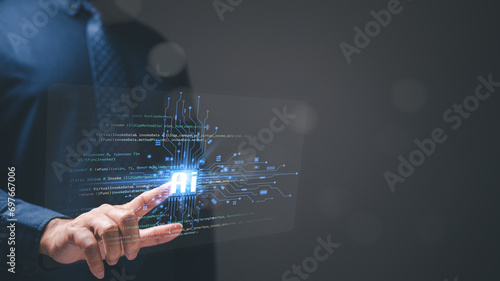 Fotografia Programmer, as an engineer of technology, immerses in coding on a virtual screen, embodying the intricate world of artificial intelligence, AI, to propel business development as a skilled developer