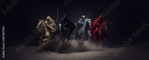 Four Horsemen of the Apocalypse - white for conquest, red for war, black for pestilence or famine, and pale for death - black background - desert landscape photo