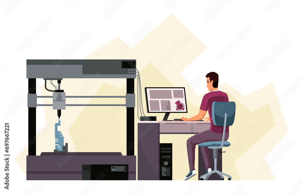 Developer and Engineer using 3d Printer for Creating Model in Laboratory. Modeling Printing Progress, Additive Technology Development, Innovation. Cartoon Flat Vector Illustration