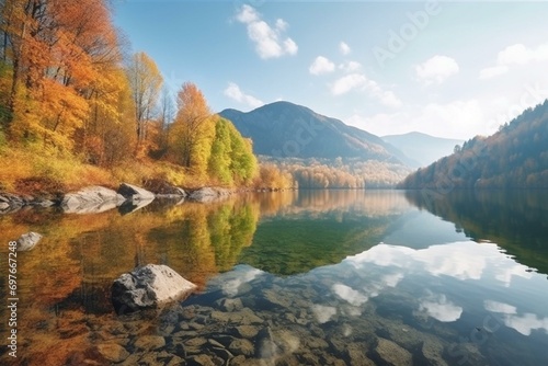 Scenic landscape with autumnal lake and mountains. Generative AI photo