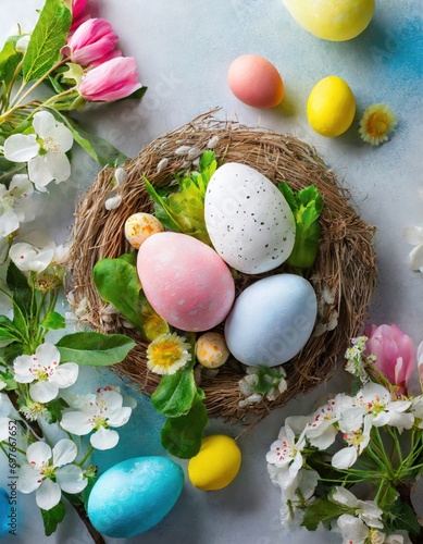 Easter composition with colorful eggs and spring flowers. Spring concept with copy space