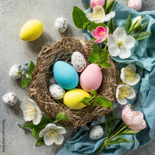 Easter composition with colorful eggs and spring flowers. Spring concept with copy space