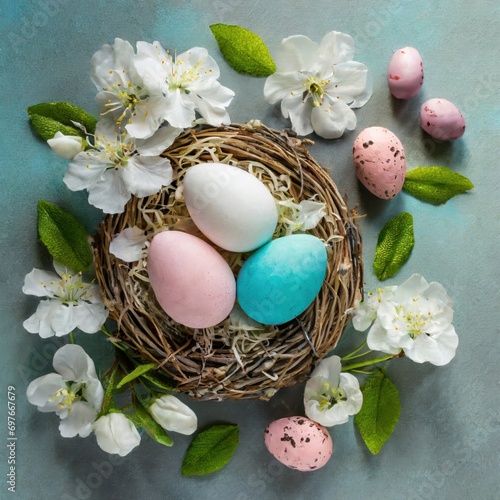 Easter composition with colorful eggs and spring flowers. Spring concept with copy space