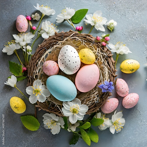 Easter composition with colorful eggs and spring flowers. Spring concept with copy space