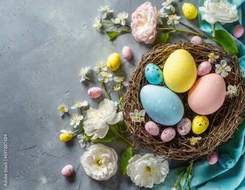 Easter composition with colorful eggs and spring flowers. Spring concept with copy space
