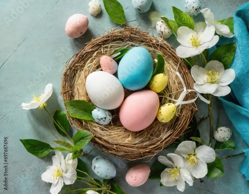 Easter composition with colorful eggs and spring flowers. Spring concept with copy space