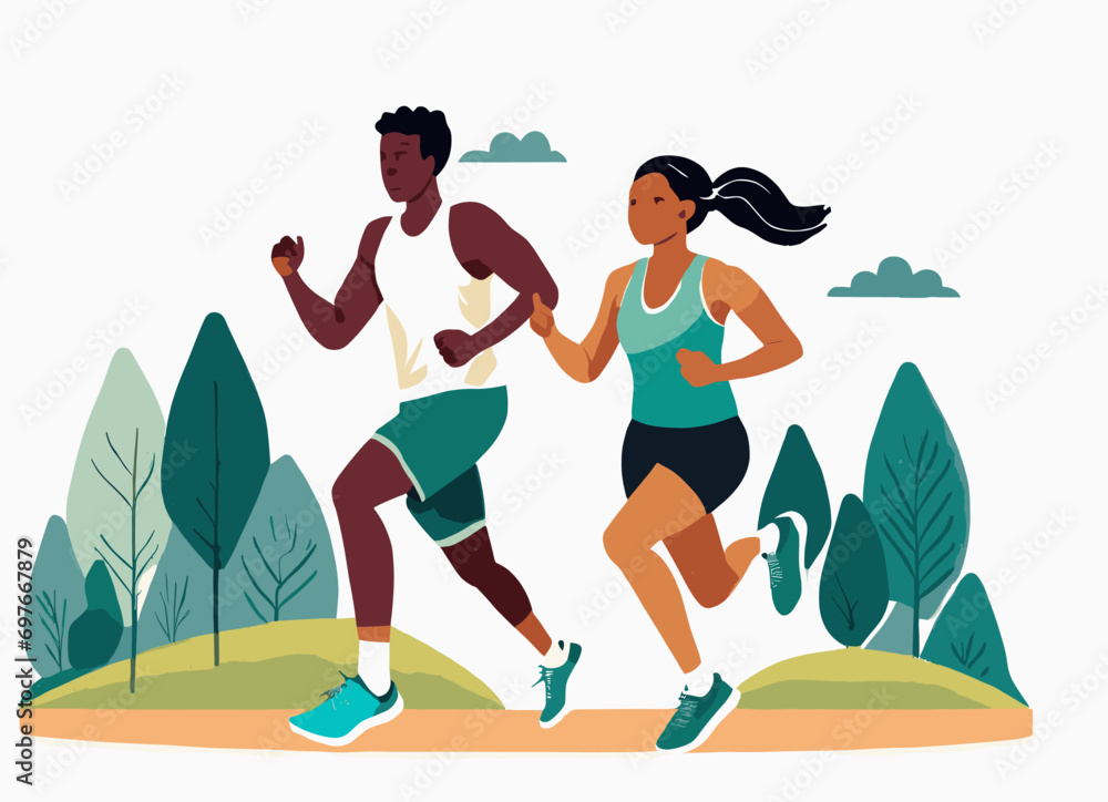Png illustration in simple flat style and characters - man and woman running in the park - sport poster and banner - healthy life style concept