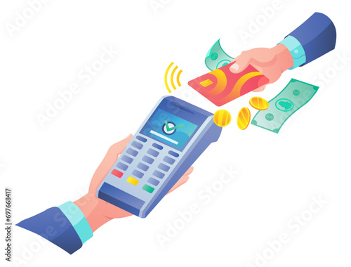 Vector payment machine and credit card. POS terminal confirms the payment by debit credit card, invoce. Vector illustration in flat design. NFC payments concept. Isometric NFC payments concept