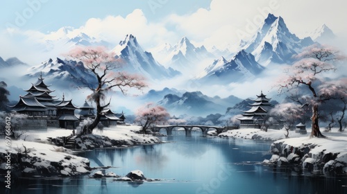 Asian mountain landscape. Neural network AI generated art