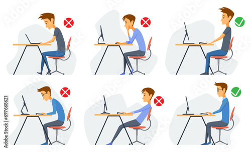 Correct body alignment in sitting working with computer. Wrong posture cause office syndrome and back pain. Vector illustration set