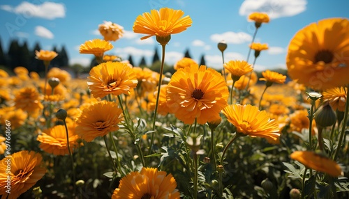 Calendula flower field with sky in the background. Orange calendula flower growing in the sun. Colourful flower field. Calendula. Beautiful flower landscape in the mountains