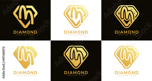 Set of diamond logos with initial letter M. These logos combine letters and rounded diamond shapes using gold gradation colors. Suitable for diamond shops, e-commerce